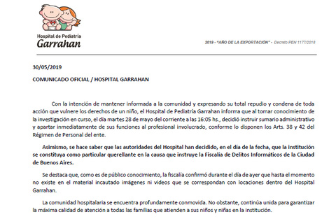 El Garrahan informó también que el pediatra fue apartado y se le instruyó un sumario.
