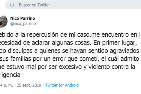 El texto que escribió Nicolás Parrino, el hincha sancionado.