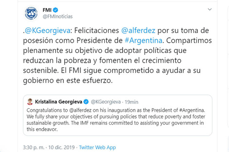 El saludo de la titular del FMI a Alberto Fernández