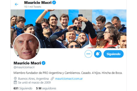 La cuenta de Twitter de Macri, actualizada a partir de hoy. 