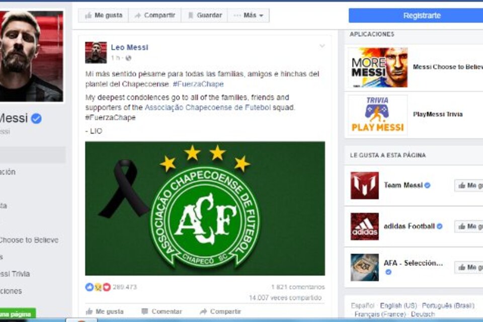 El mensaje en Facebook de Lio Messi para los allegados a las víctimas de la tragedia sufrida por el equipo brasileño.