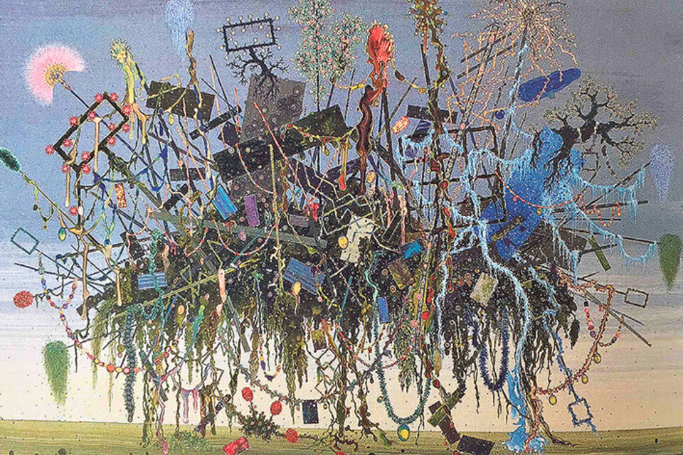 Escombros flotantes, 2006, de Marcelo Pombo. Esmalte sobre panel, 70 x 100 cm (detalle).