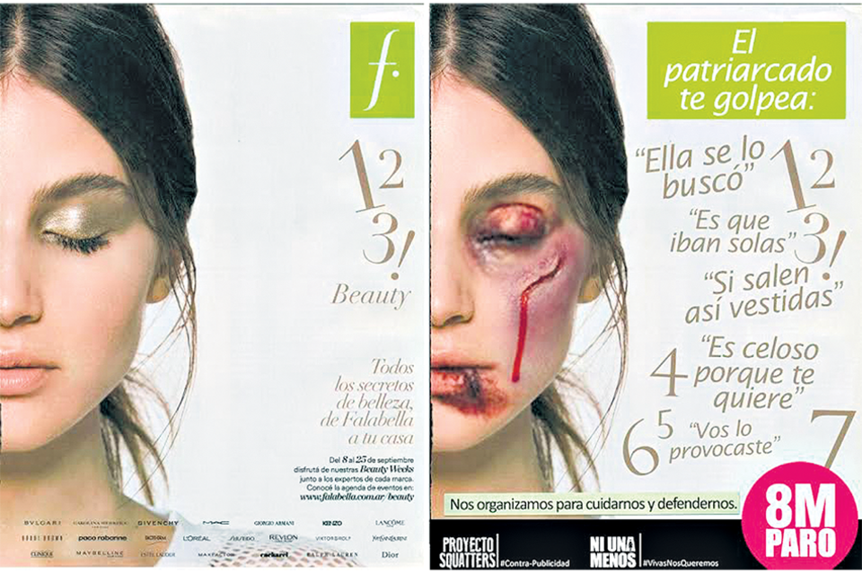 El anuncio sobre belleza femenina y la otra cara, la mujer golpeada y las justificaciones machistas que sostienen la violencia.