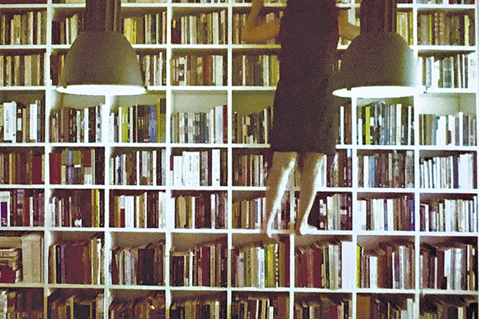 Via (2013, detalle), de Katia Maciel: La mujer que escala una biblioteca ironiza sobre el “lugar” de los libros hoy.