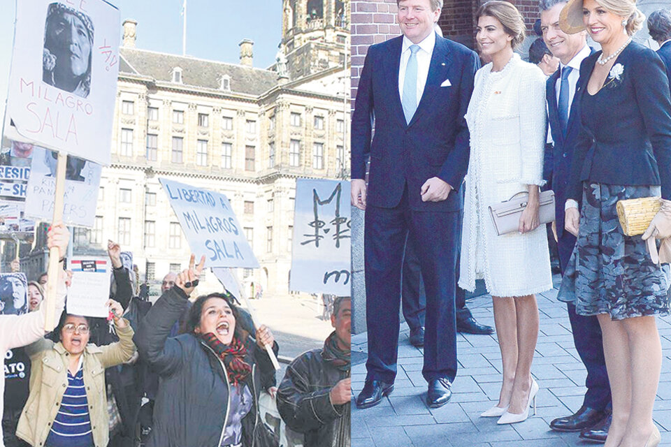 La protesta de argentinos en la plaza Dam durante la primera actividad de Mauricio Macri en Amsterdam. (Fuente: DyN)