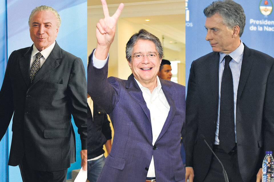 Michel Temer, Guillermo Lasso, candidato a presidente de Ecuador, y Mauricio Macri.