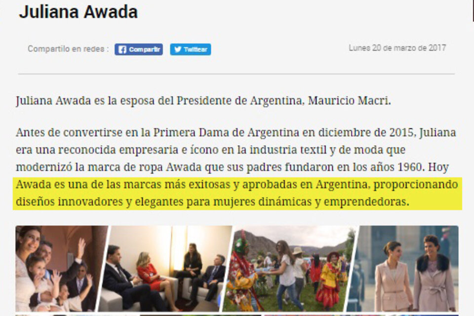 La publicidad de la marca Awada en la web de Presidencia.