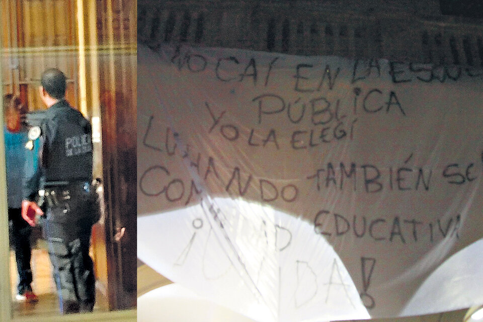 El policía que ingresó en el colegio Mariano Acosta. El colegio reaccionó ayer con carteles de repudio a la presencia policial.  (Fuente: Jorge Larrosa)