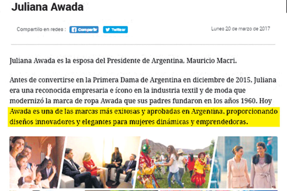 La publicidad que hacen de la marca Awada en la página web de la Presidencia.