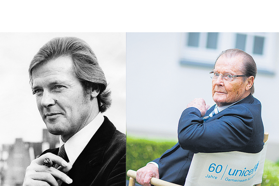 Moore en 1972, cuando se lo anunció como nuevo Bond. El actor en 2013, antes de una conferencia de prensa por sus actividades para Unicef.