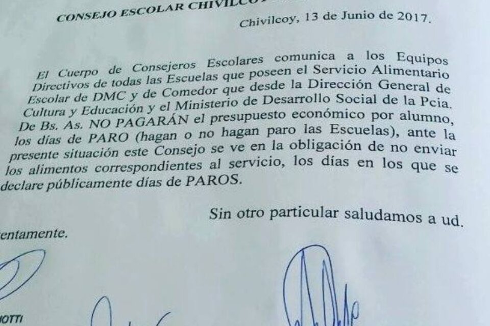 La orden escrita que llegó al Consejo Escolar de Chivilcoy. (Fuente: Twitter)