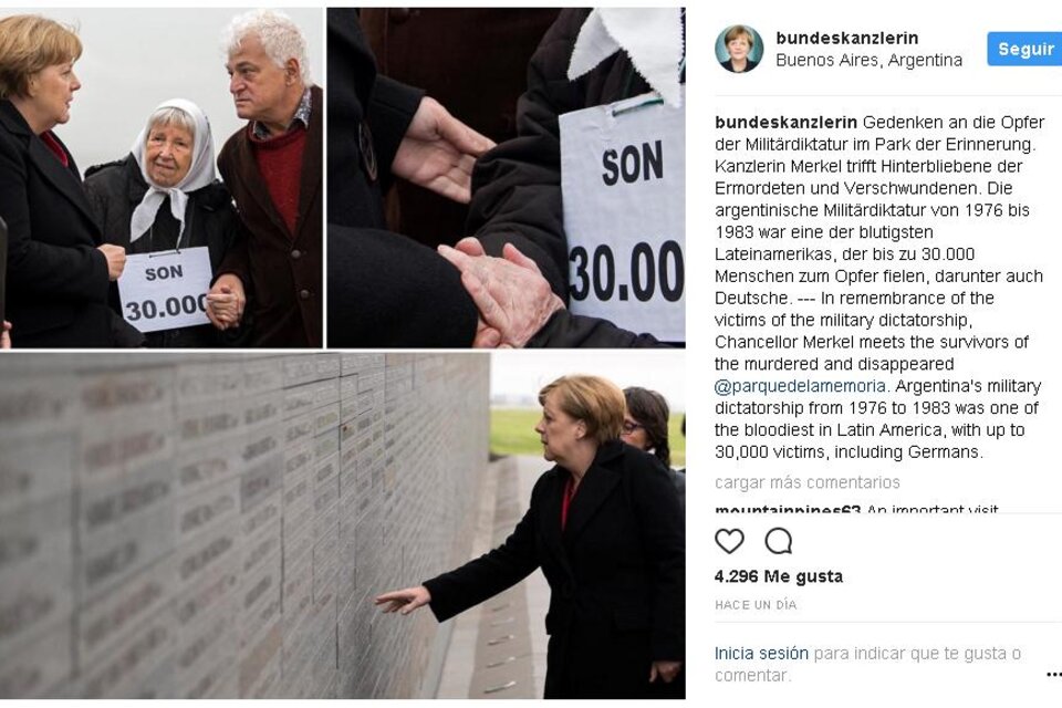 Merkel arrojó flores al Río de la Plata en su recorrido por el Parque de la Memoria. (Fuente: Instagram)