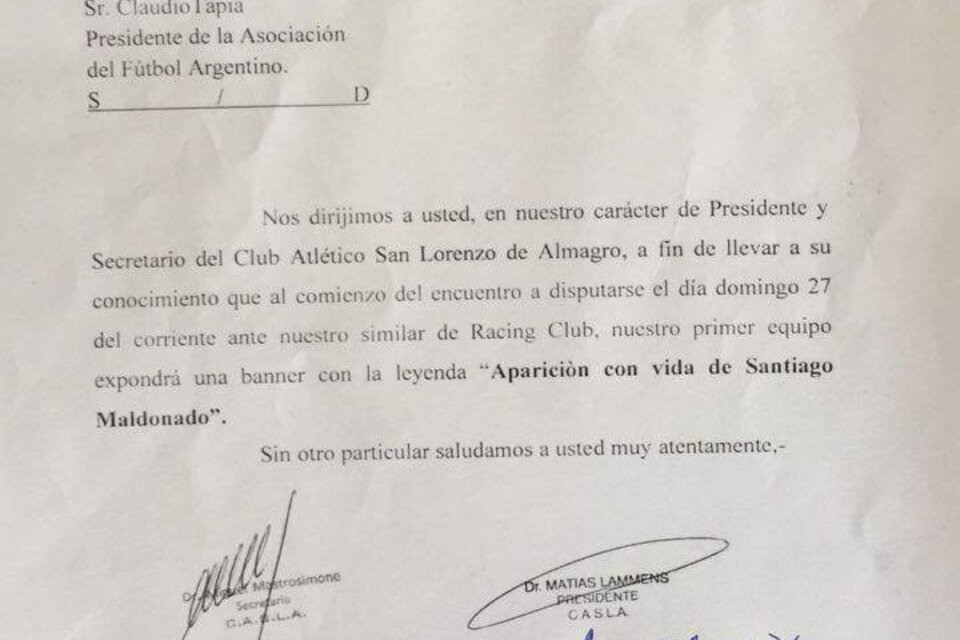 Fascímil de la carta que San Lorenzo envió a la AFA, en el sello se lee rechazo incial.