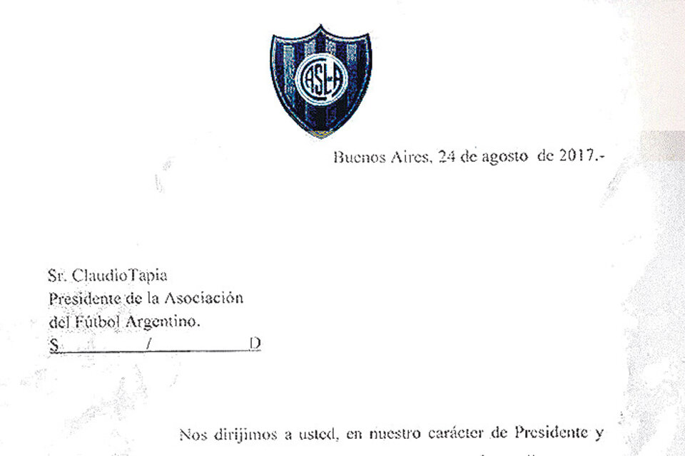 Fascímil de la carta que San Lorenzo envió a la AFA.