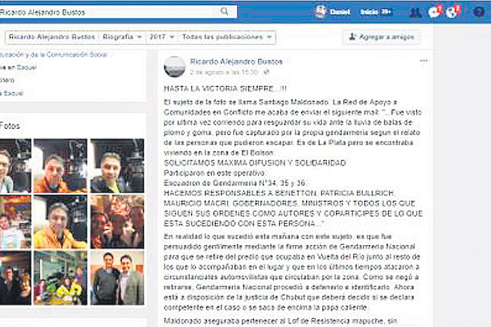 La publicación de Bustos en Facebook en la que le atribuyó a Gendarmería la detención de Maldonado.