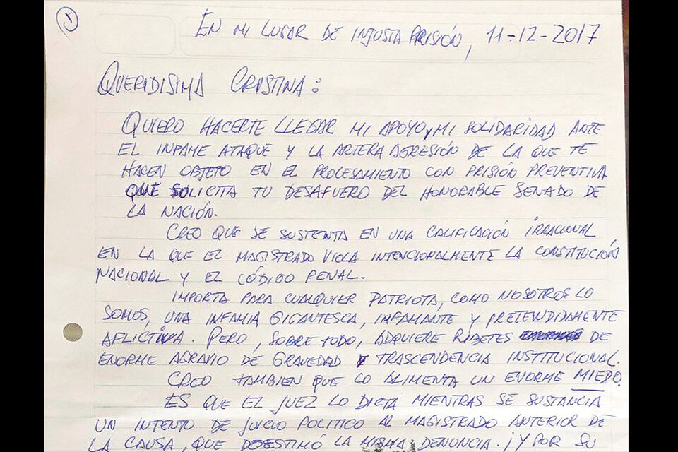 El ex secretario Legal y Técnico redactó la carta de puño y letra, que fue entregada a CFK en el Instituto Patria.