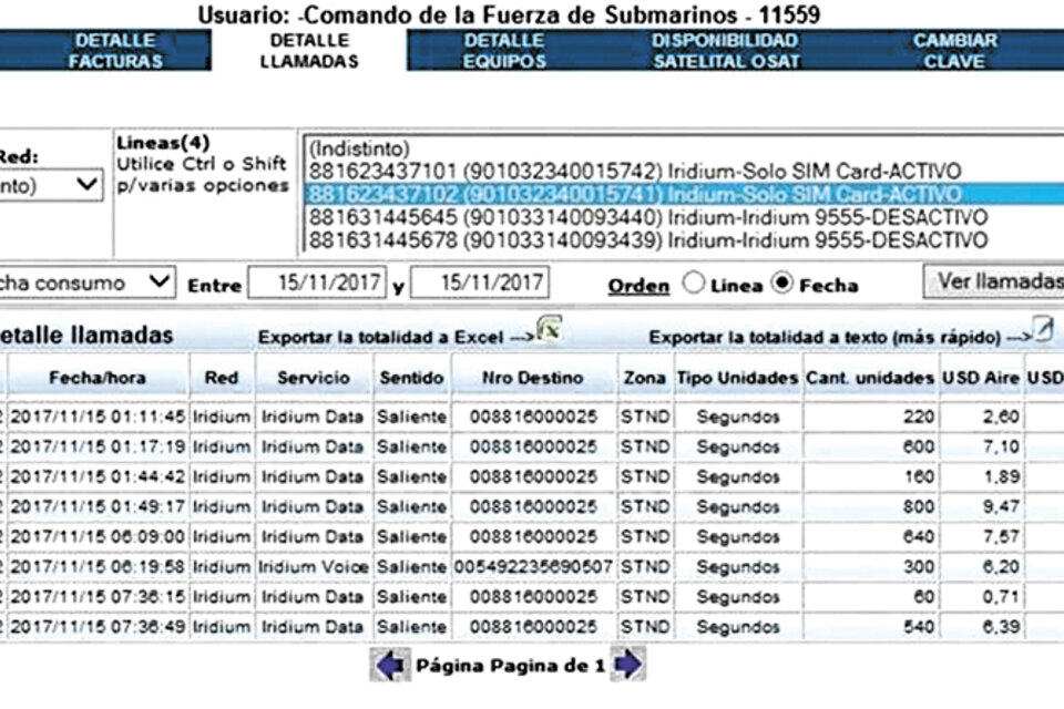 La planilla con el detalle de las llamadas que envió Tesacom a la Armada Argentina.