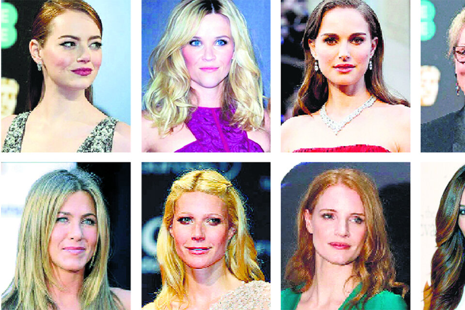 Arriba: Emma Stone, Reese Witherspoon, Natalie Portman, Meryl Streep. Abajo: Jennifer Aniston, Gwyneth Paltrow, Jessica Chastain, Eva Longoria.