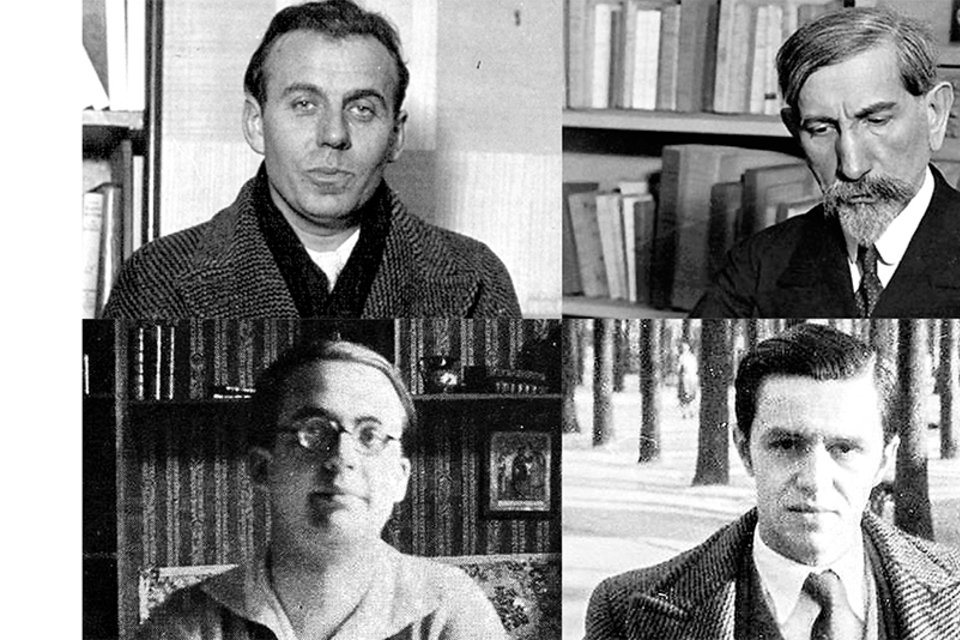 Céline (arriba izq.), Maurras (arriba der.), Brasillach (abajo izq.) y Rebatet (abajo der.), los nombres del auge de la literatura fascista en Francia.
