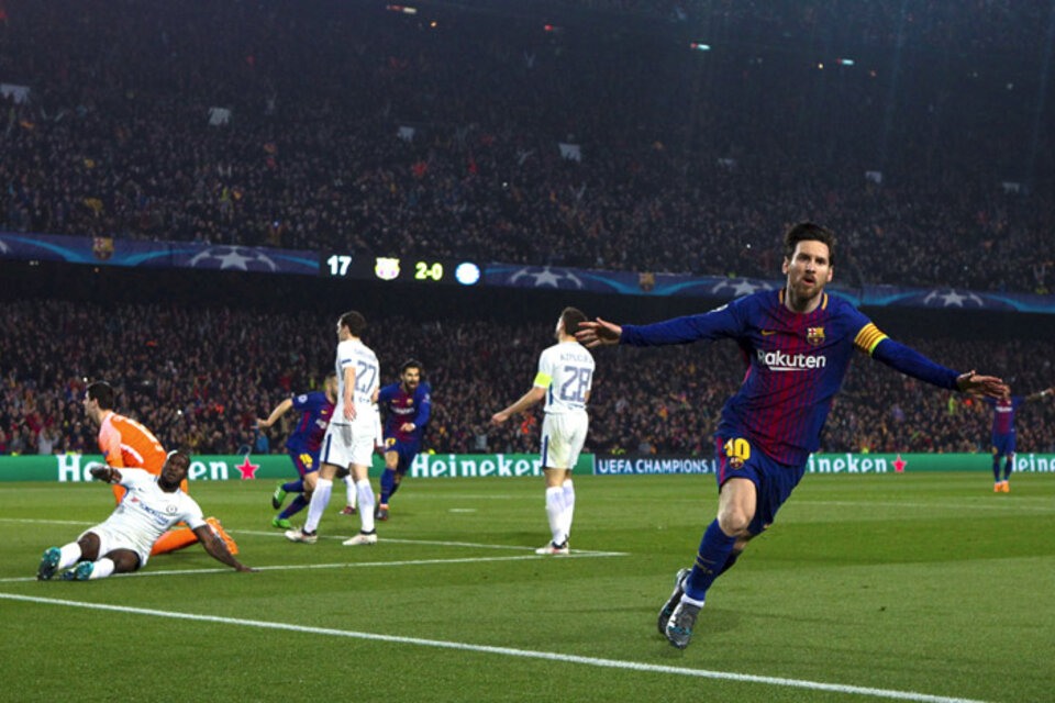 Messi grita el tercer gol en la goleada ante el Chelsea. (Fuente: EFE)