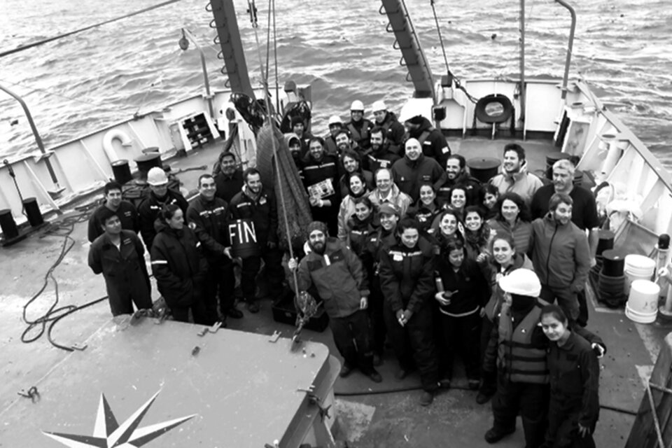 Personal científico del CONICET, UBA e INIDEP, y tripulación del BO Puerto Deseado, durante una campaña oceanográfica al Banco Burdwood