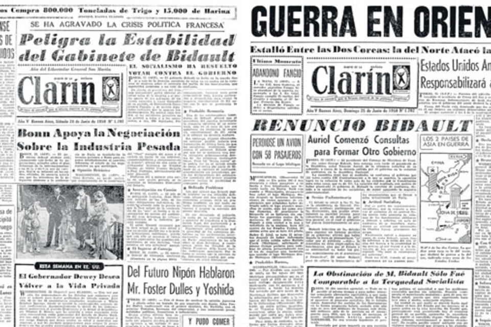 Las tapas del diario Clarín del 24 y 25 de junio de 1950. Ni una noticia del Mundial de Brasil.