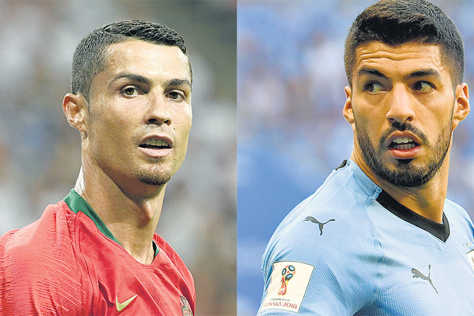 El portugués Cristiano Ronaldo y el uruguayo Luis Suárez, máximos artilleros de sus respectivos seleccionados, se verán las caras hoy en Sochi. (Fuente: EFE)