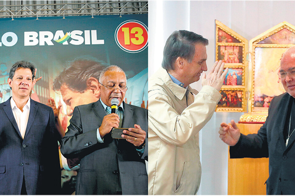 Haddad con pastores protestantes en San Pablo; Bolsonaro, el candidato de extrema derecha, con el arzobispo. (Fuente: EFE)