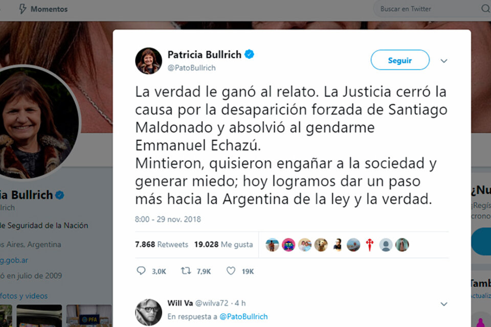 Para Bullrich, con el fallo de Lleral se dio "un paso más hacia la Argentina de la ley y la verdad".