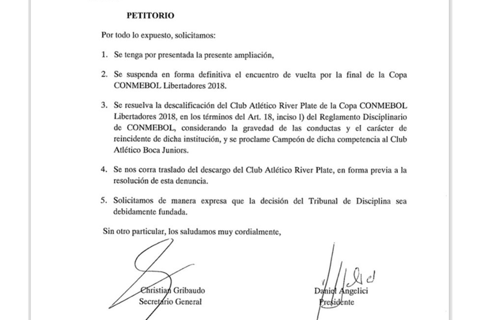 Copia del pedido de Boca al Tribunal de Disciplina de la Conmebol.