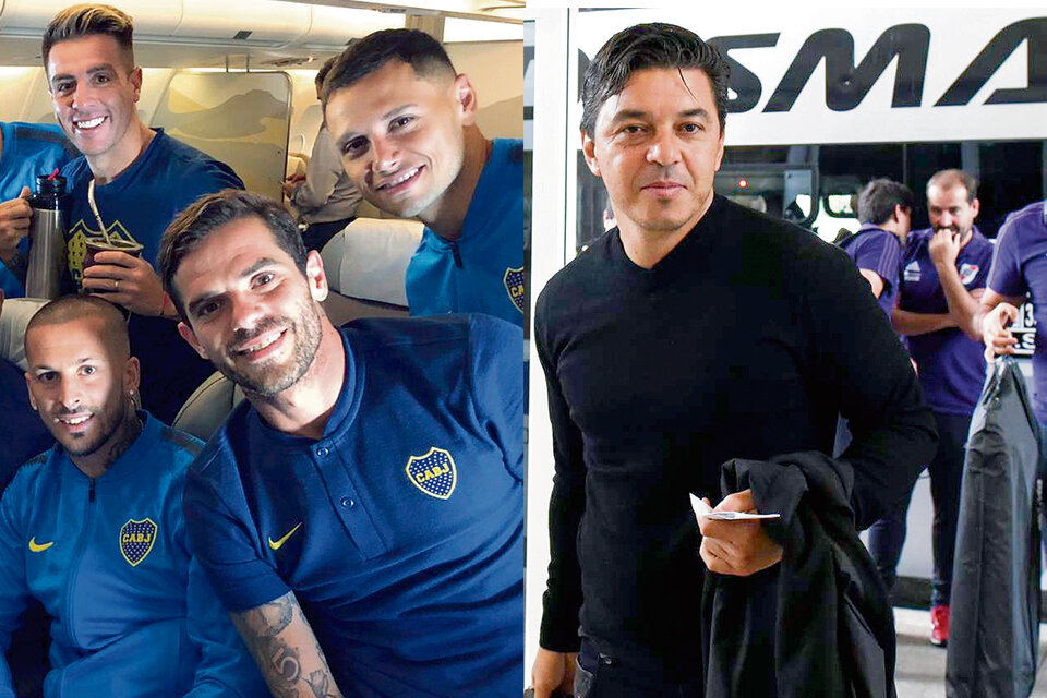 Sonrisas en el avión que llevó al plantel de Boca a Madrid. Gallardo baja del micro que trasladó a River hasta Ezeiza.