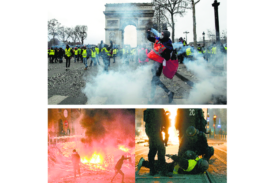 Chalecos amarillos en acción en el Arco del Triunfo y Toulouse (abajo izq.) y manifestante detenido en Bordeaux.