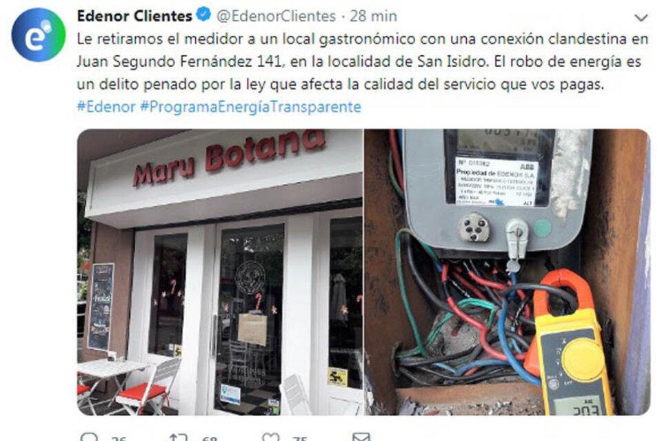 El tuiteo a través del cual Edenor informó la irregularidad en el local de Botana. (Fuente: Twitter Edenor)