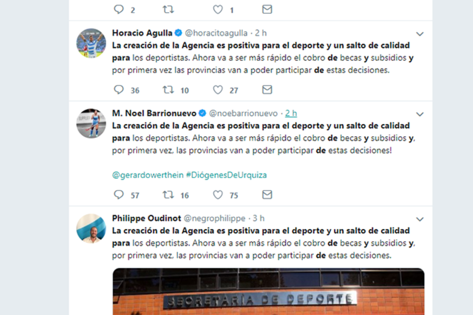Los tuits idénticos de Barrionuevo y Agulla que generaron las respuestas irónicas.