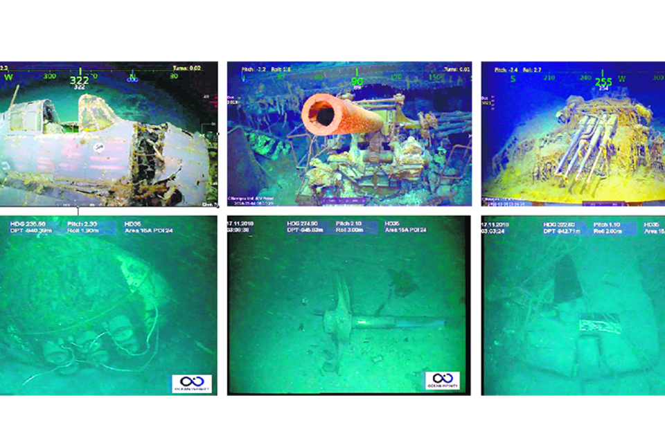 Arriba, tres imágenes del USS Lexington hundido en la Segunda Guerra, a 3000 metros de profundidad. Abajo, las imágenes del ARA, a 900 metros.