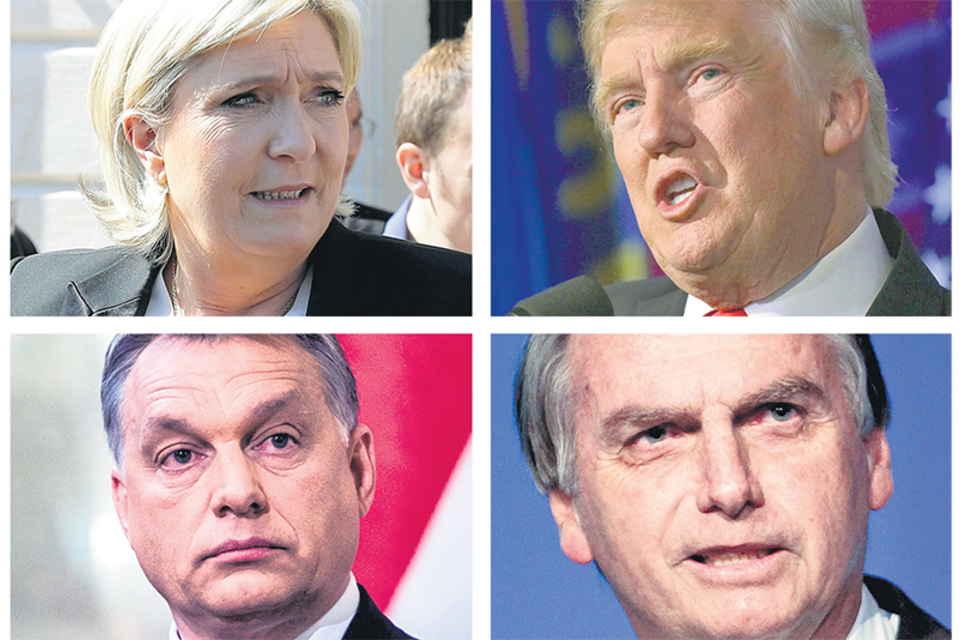 Arriba: la líder del Frente Nacional Marine Le Pen y el mandatario Donald Trump; abajo: el premier húngaro Viktor Orban y el presidente brasileño Bolsonaro.