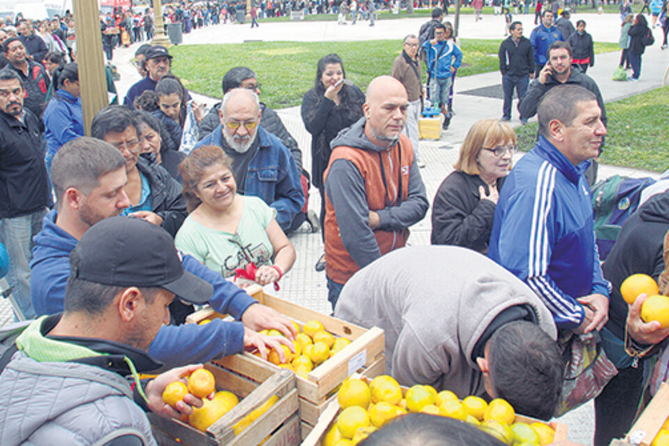 Cientos de personas hicieron cola para llevarse manzanas, peras, naranjas y mandarinas. (Fuente: Bernardino Avila)