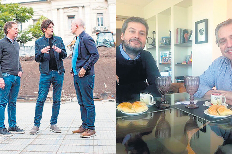Santilli, Lousteau y Rodríguez Larreta, ayer en Plaza Houssay. Matías Lammens y Alberto Fernández, tomando el café de la unidad.
