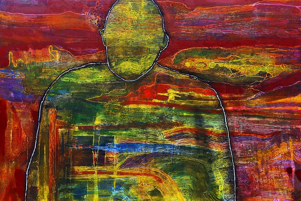 Autorretrato, de Luis Felipe Noé, 2020; 90 x 120 cm; acrílico, tinta y pastel sobre tela. Abajo: "A cara tapada", de Noé, 2020; 127 x 109,5 cm. (detalle).