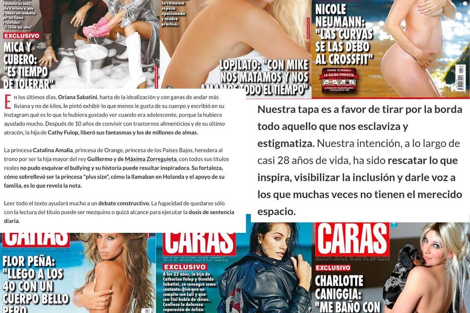 Friso de tapas de la revista Caras, rodeando el texto de su directora, armado por MujeresQueNoFueronTapa.
