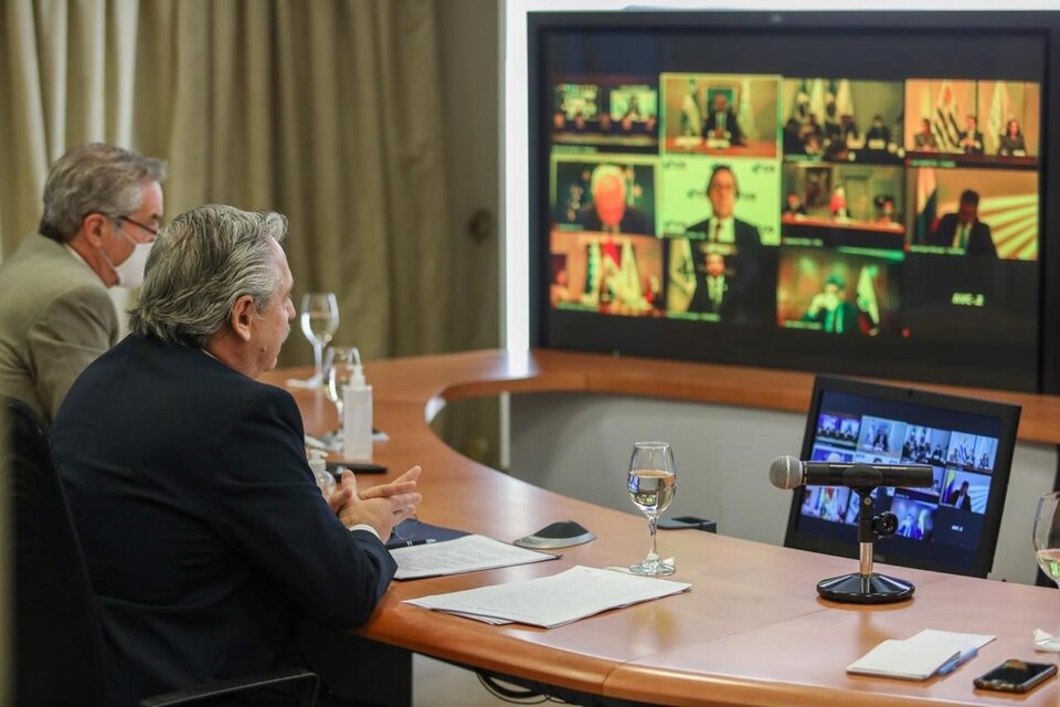 El presidente Alberto Fernández en la reunión virtual con sus colegas del Mercosur. (Fuente: Presidencia)