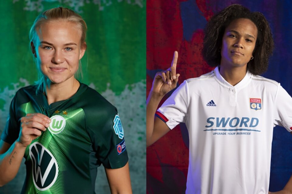 La danesa Pernille Harder, carta de gol del Wolfsburgo; y la defensora francesa del Lyon, Wendie Renard. (Fuente: AFP)