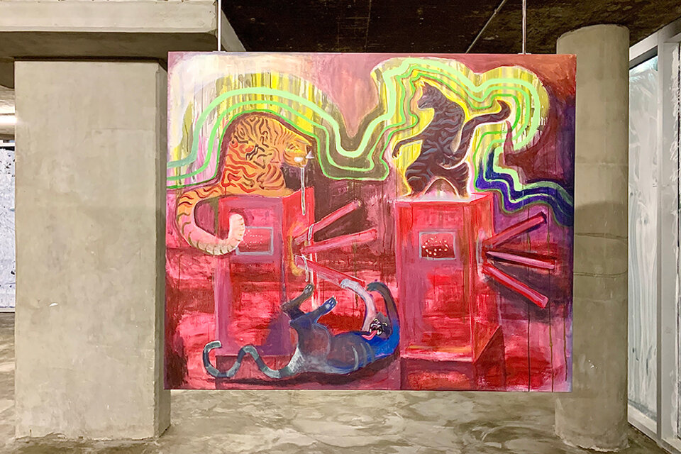 "Sube", 2019, de Mayra vom Brocke. Acrílico sobre tela; 163 x 197 cm. Abajo: Óleo s/título, 2019, de M.vom B.; 35 x 50 cm.