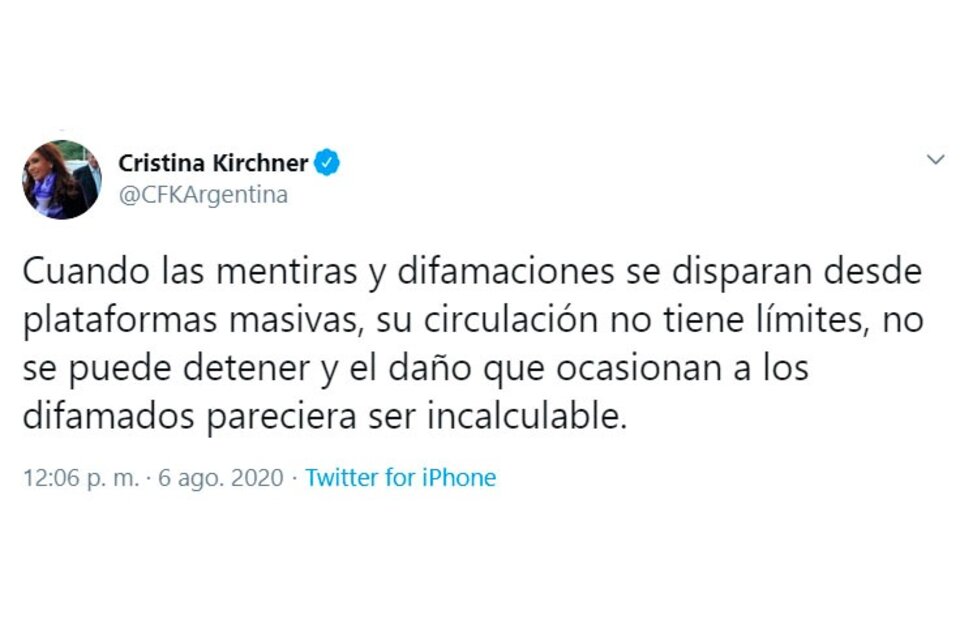 La vicepresidenta Cristina Fernández de Kirchner explicó en un hilo de Twitter por qué demandó a Google.