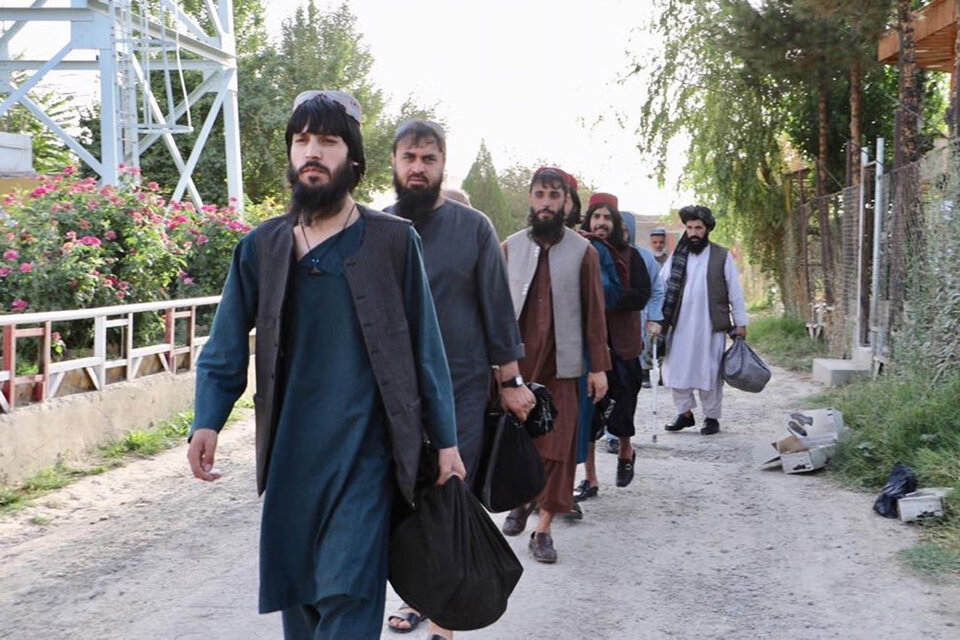 Un grup de prisioneros talibanes forma fila antes de salir libres en una cárcel de Kabul. (Fuente: EFE)