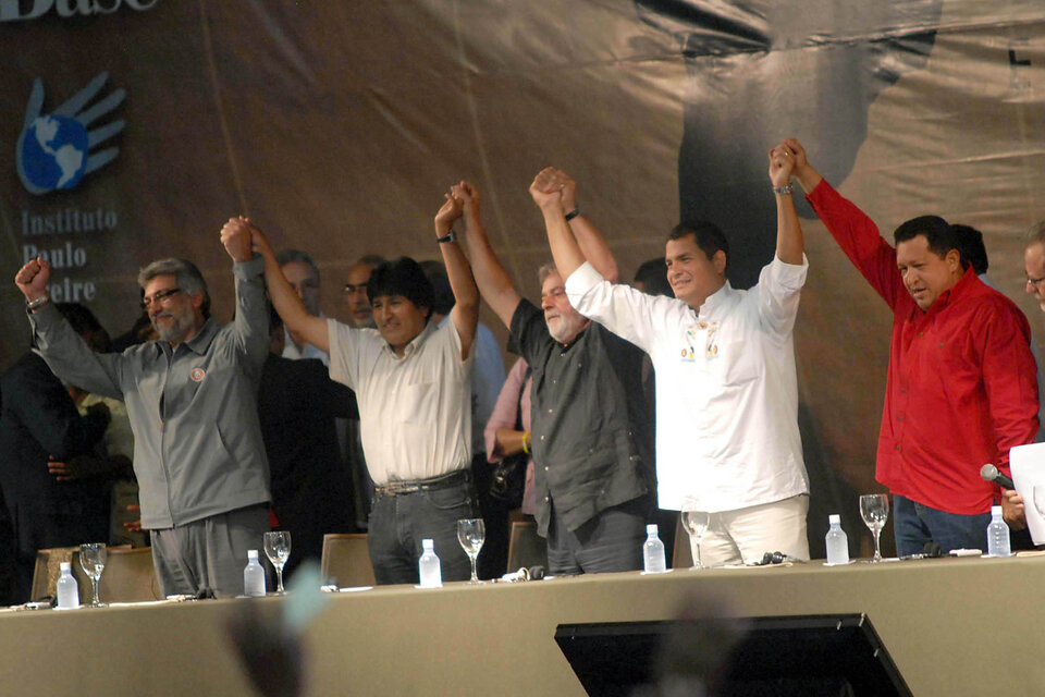 El Foro Social Mundial de 2009, en Belem, Brasil, convocó a Lugo, Evo, Lula, Correa y Chávez.  (Fuente: Télam)