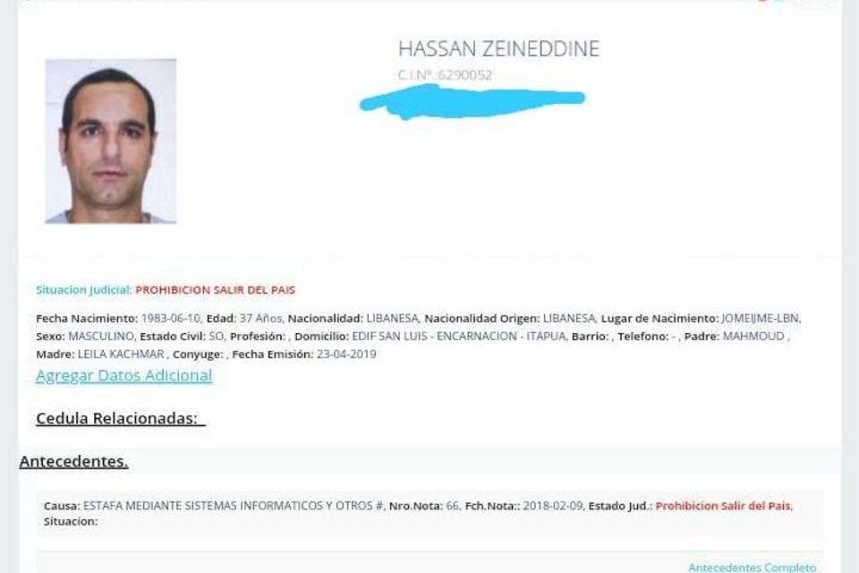 Hassan Zein Aldeen no puede salir del Paraguay porque está acusado de estafa, según consta en la ficha de la policía local. 