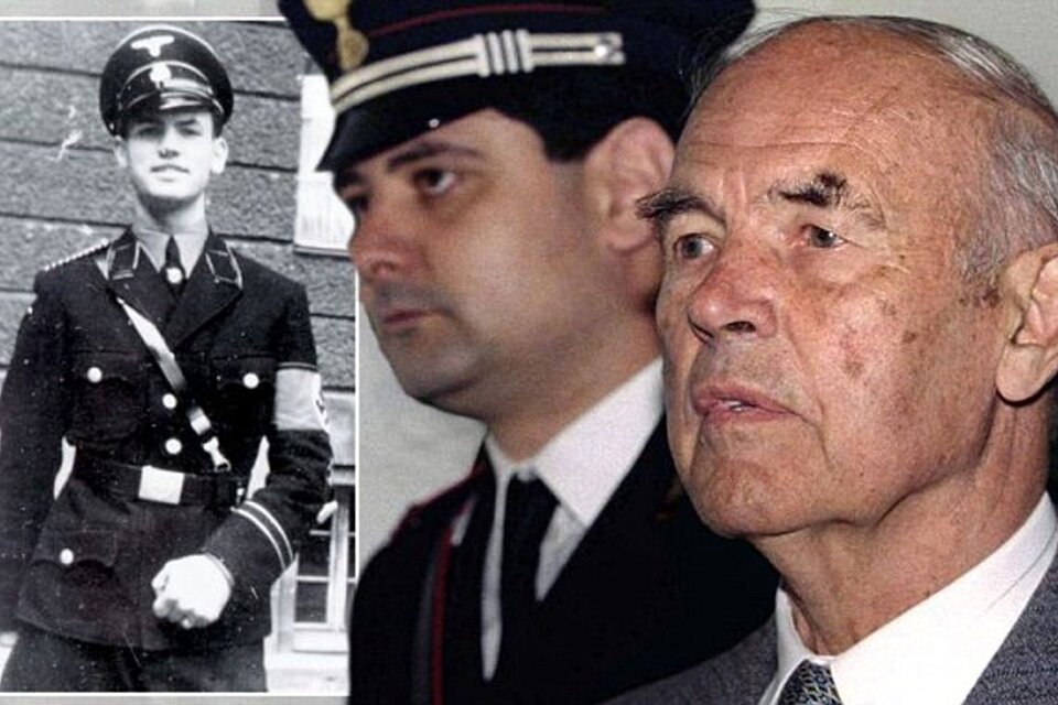 Erich Priebke, con uniforme de la Gestapo y durante su juicio en Roma.