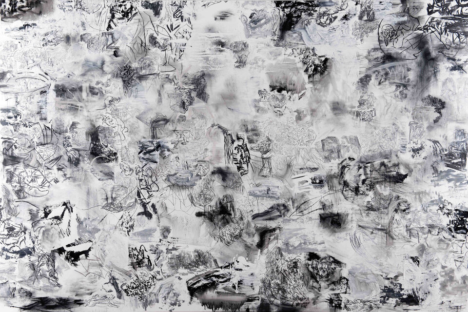 "Paisaje" de 200 x 300 cm (2012) de Eduardo Stupía; tinta, carbón, grafito, lápiz, pastel y acrílico sobre tela.