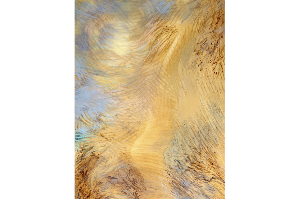 "Destellos de otoño", 1990, de Miguel Ocampo. Acrílico sobre tela, 140 x 105 cm. Abajo: "Allá", 1996, de M.Ocampo. Acrílico sobre tela, 156 x 126 cm.
